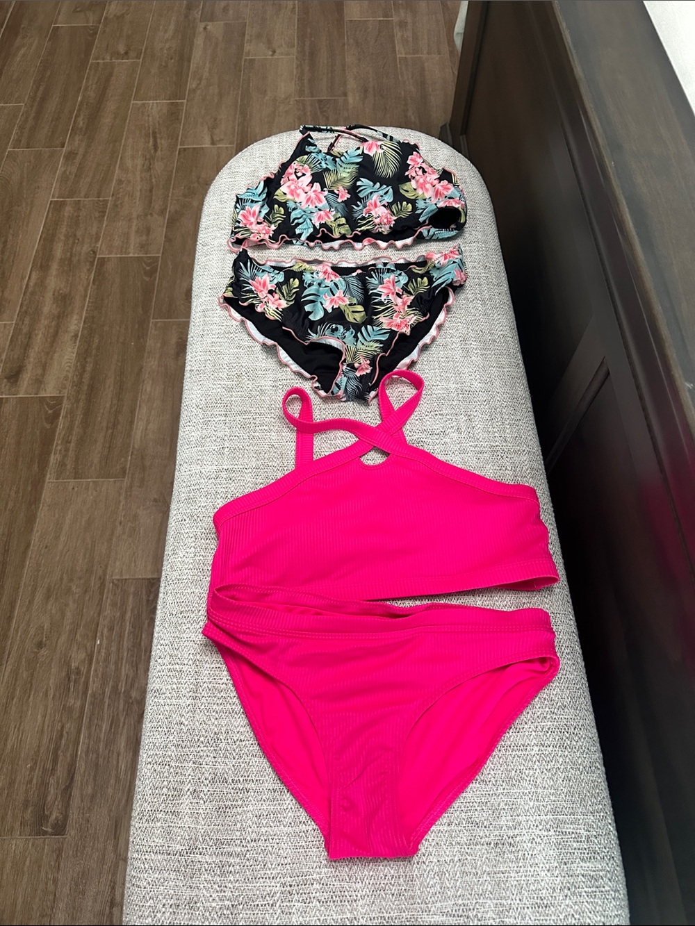 Hurley Kids Two-Piece Bikini Set - Black Floral Top & Pink Bottoms